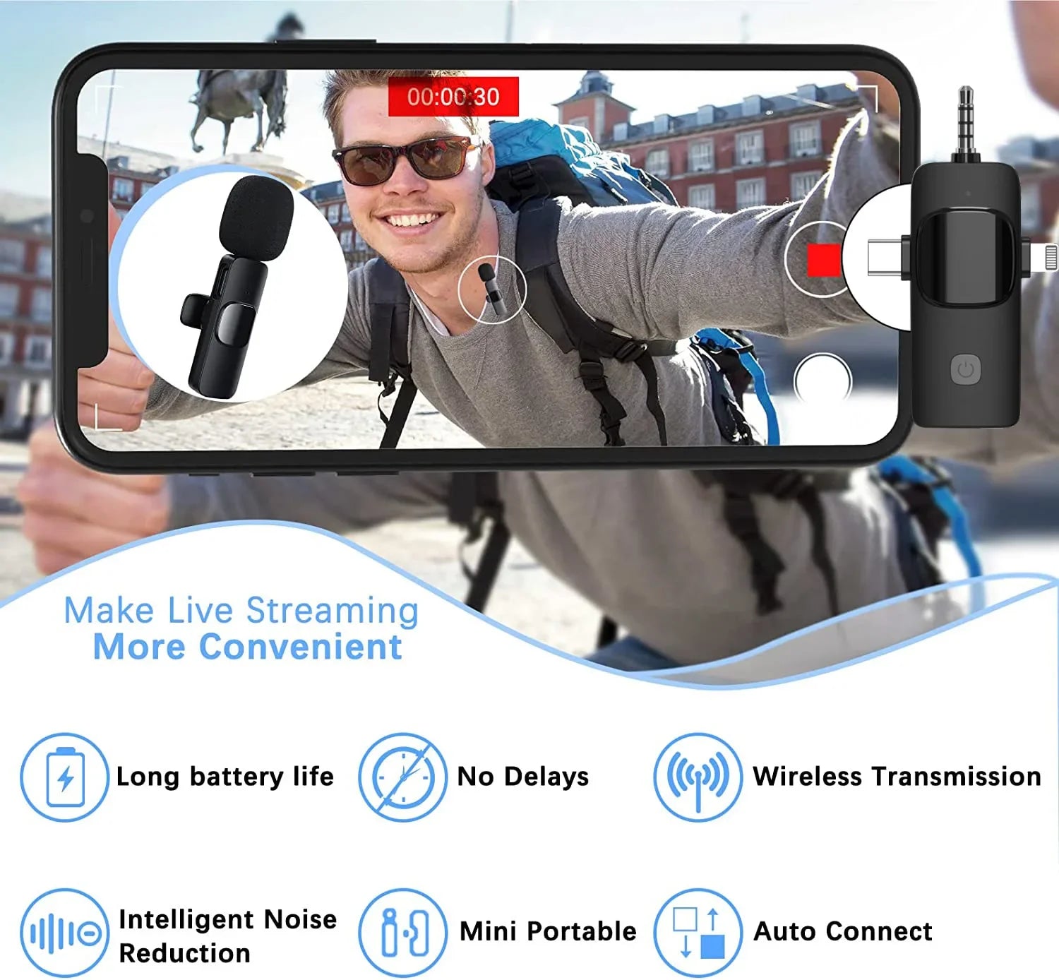 3 in 1 Professional Wireless Lavalier Microphone for phones and Camera