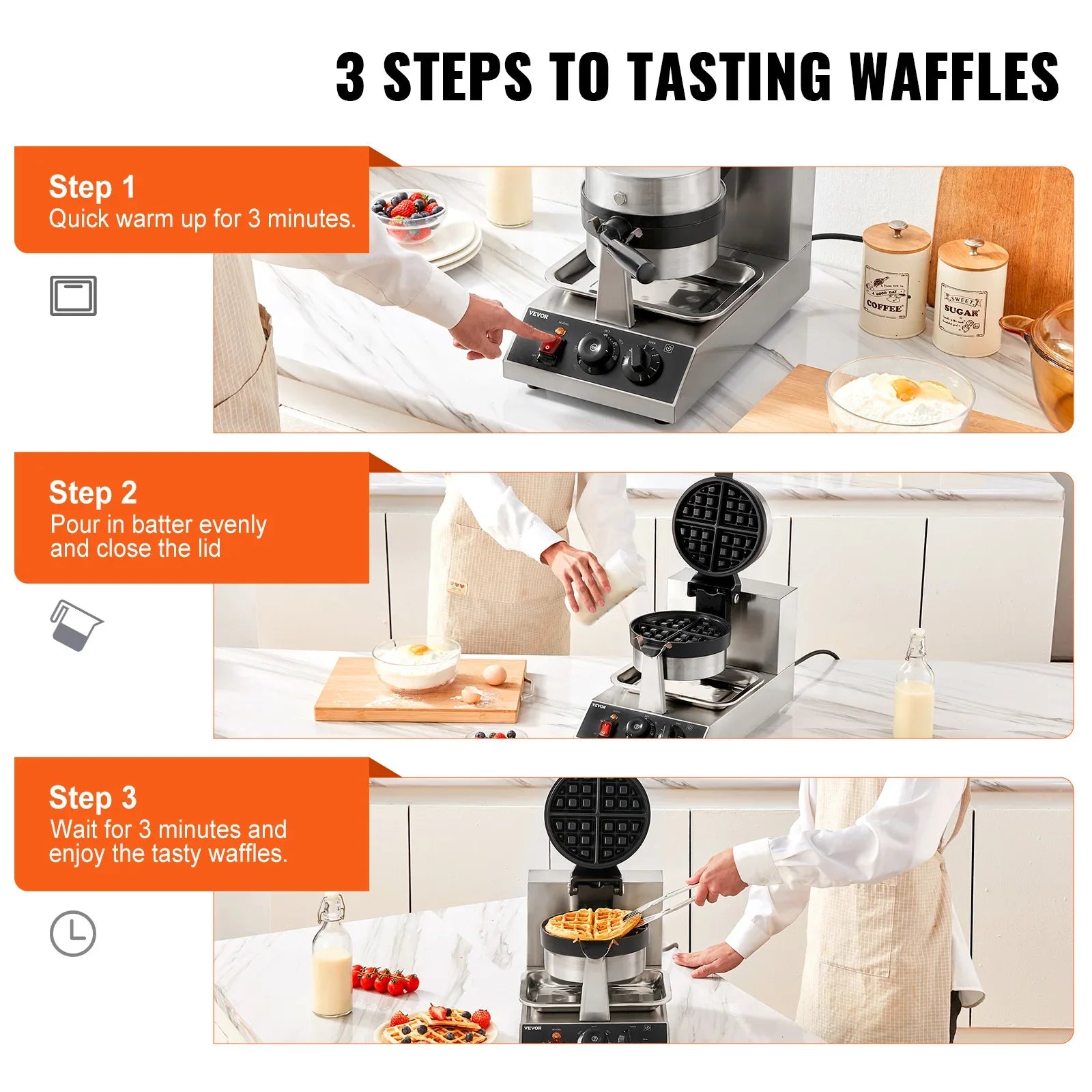 VEVOR Electric Waffle Maker Round Waffle Iron Non-Stick