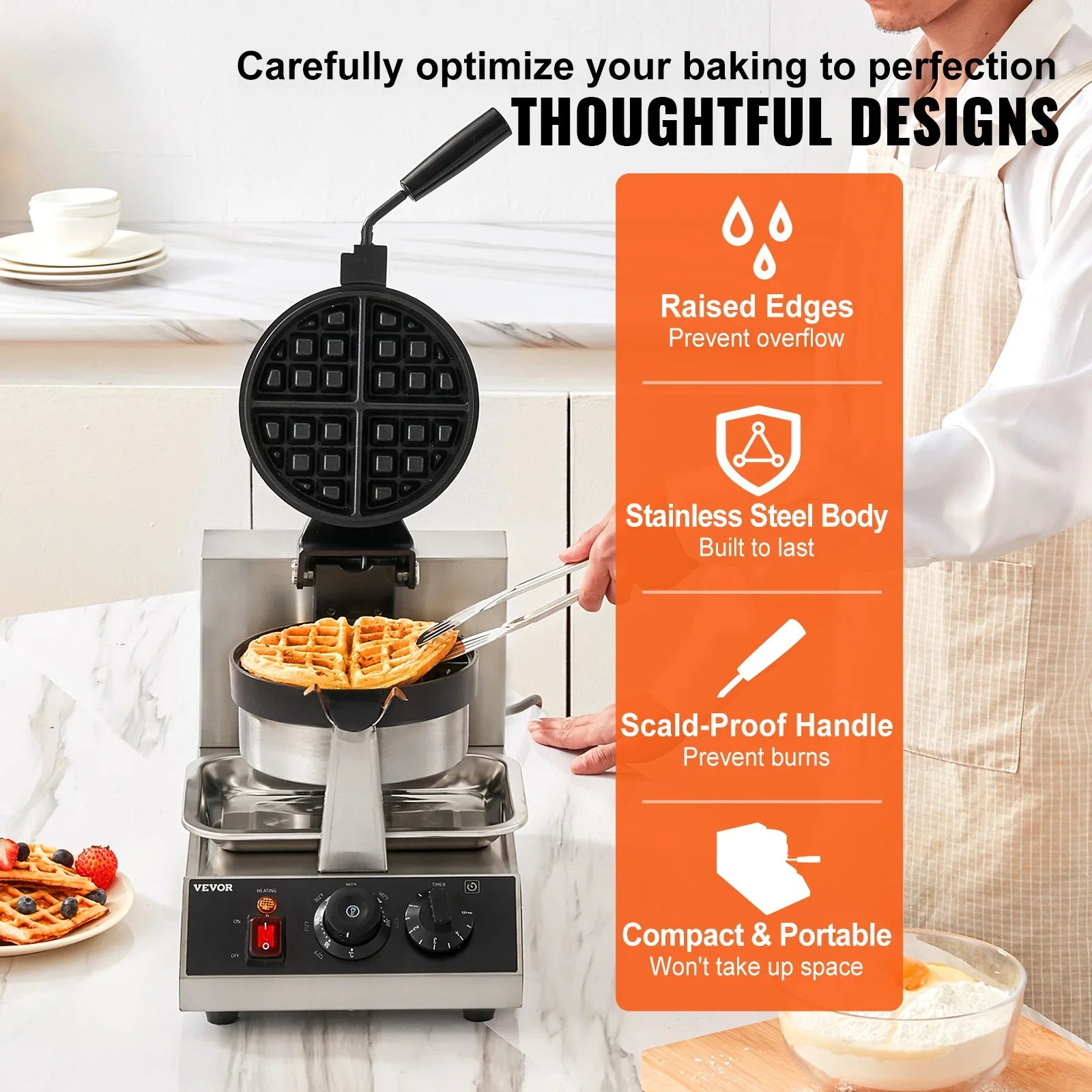 VEVOR Electric Waffle Maker Round Waffle Iron Non-Stick