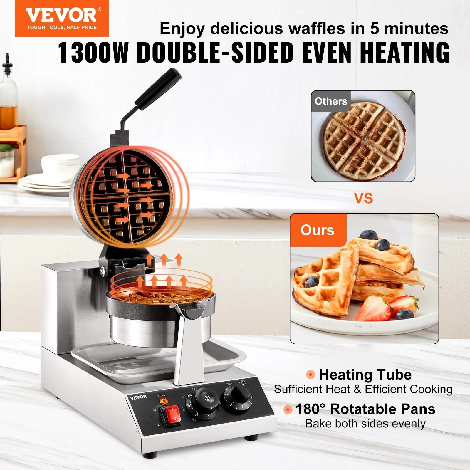 VEVOR Electric Waffle Maker Round Waffle Iron Non-Stick