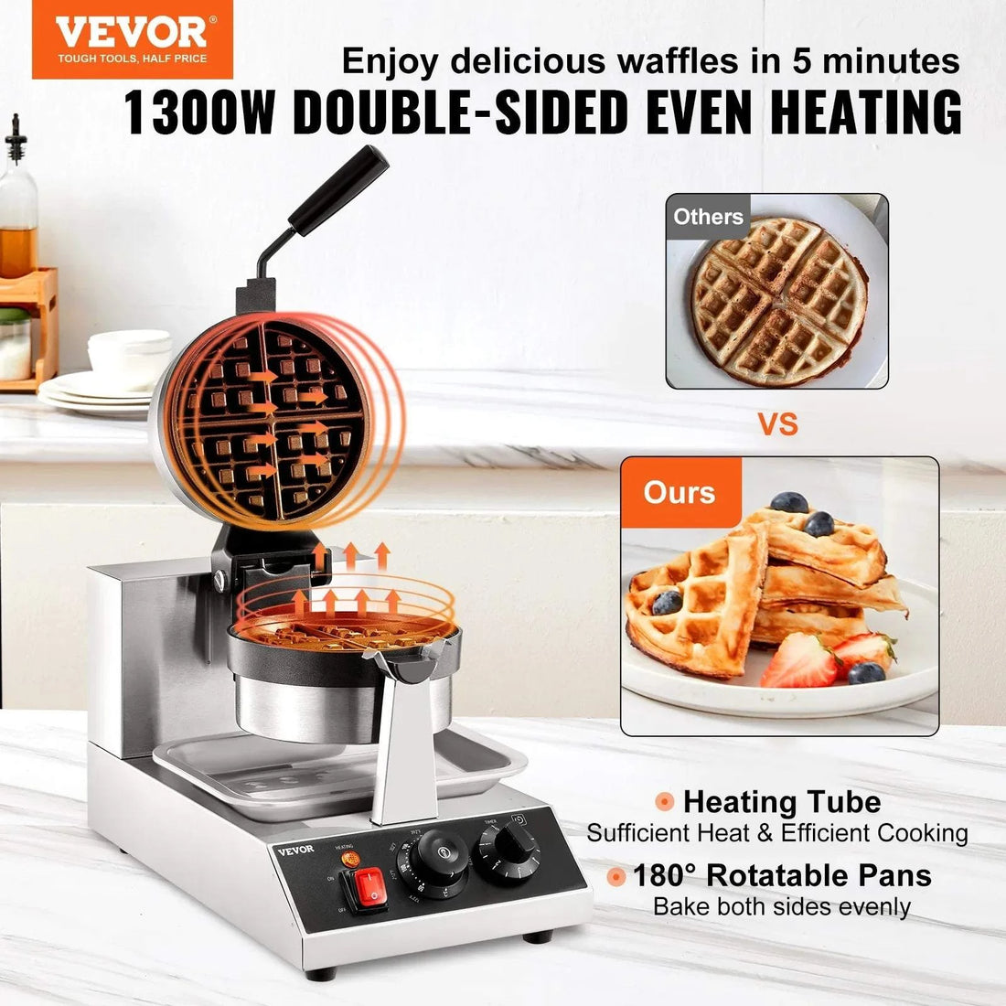 VEVOR Electric Waffle Maker Round Waffle Iron Non-Stick