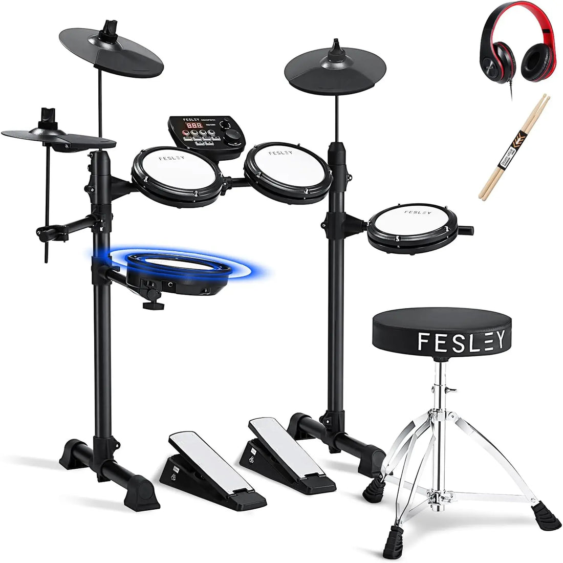 Fesley FED150W Electric Drum Set: Electronic Drum Set with 4 Quiet Mesh Drum Pads,Dual Zone - Circuit Hub Central