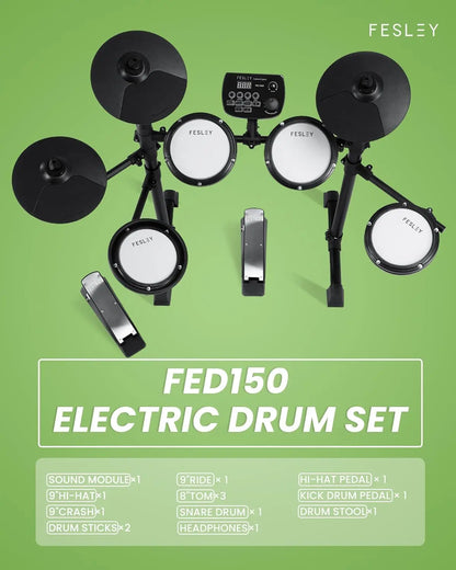 Fesley FED150W Electric Drum Set: Electronic Drum Set with 4 Quiet Mesh Drum Pads,Dual Zone - Circuit Hub Central